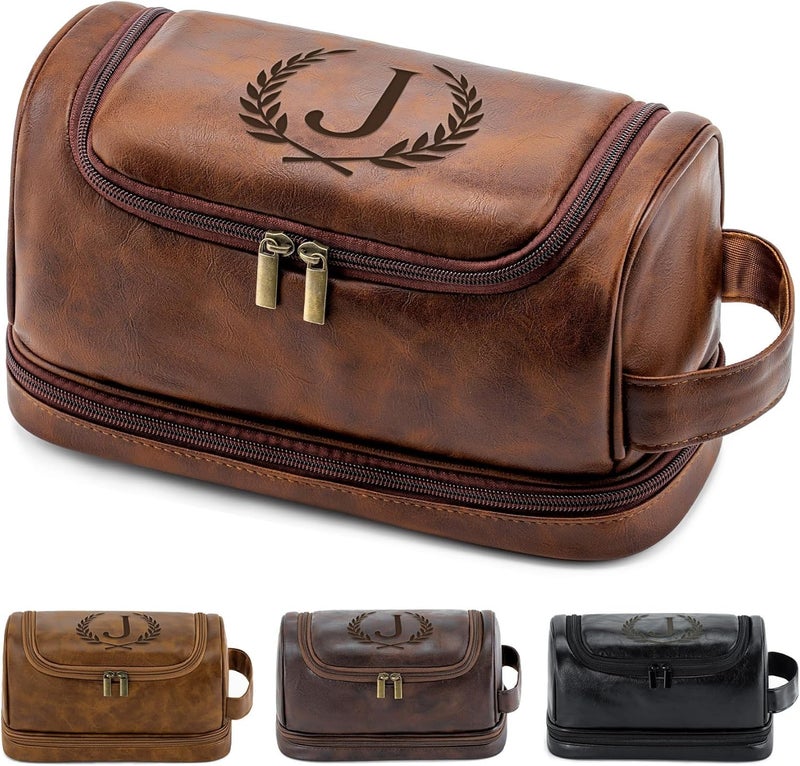 Aganmi Personalized Christmas Birthday Gifts Toiletry Bag for Men Dad Husband, Custom Initial PU Leather Waterproof Toiletry Organizer Dopp Kit Shaving Bag Travel Essential for Men, Reddish Brown J - Image 1